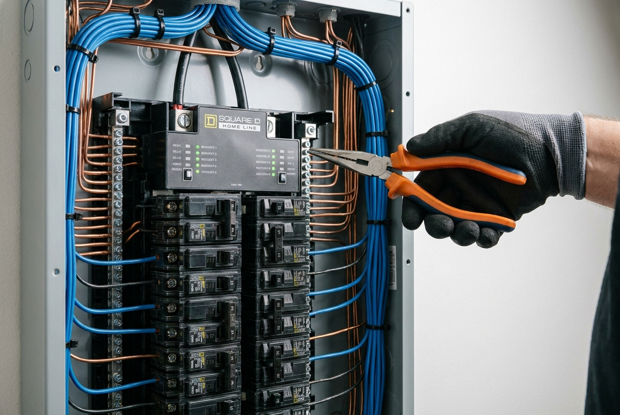 Électricien intervenant sur un tableau électrique