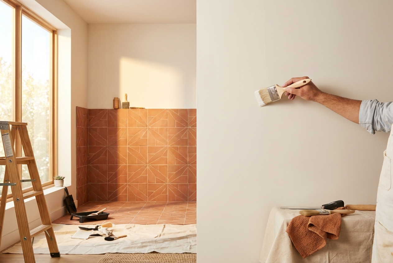 Artisan rénovateur posant du carrelage
